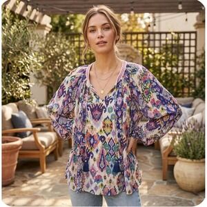 Tolani Women's Large Ikat Floral Cupro Boho Blouse Purple Blue Tassel Top